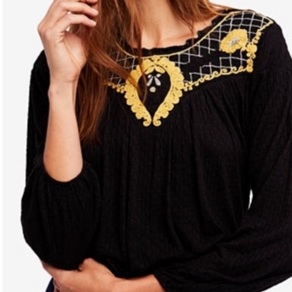 Free People Black and Gold Embellished Blouse